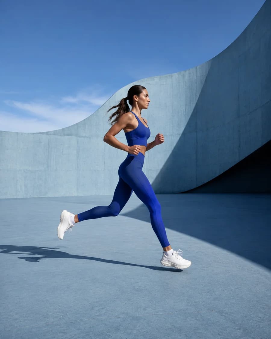Example activewear ad: an athlete in cobalt running apparel against sculptural blue architecture